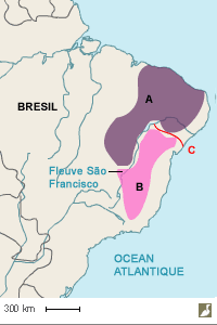 Aires du répartition des Bataras à joues argent nordique (Sakesphoroides niedeguidonae) et à joues argent (S. cristatus)