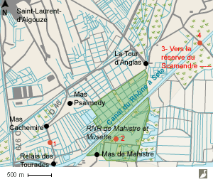 Carte de la réserve naturelle régionale de Mahistre et Musette (Gard) et bons sites d'observation