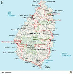 Carte de Sainte-Lucie, trajet effectué et sites visités
