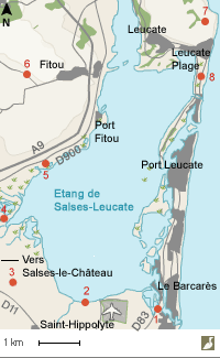 Carte de l'étang de Salses-Leucate (Pyrénées-Orientales) et bons sites d'observation