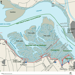 Carte du parc transfrontalier de Groot Saeftinghe (Pays-Bas/Belgique) et bons points d'observation