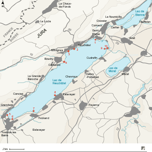 Carte du lac de Neuchâtel (Suisse) et sélection de bons sites d'observation