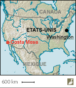 Situation de Costa Mesa, dans le comté d'Orange, près de Los Angeles en Californie (États-Unis)