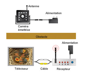 Schéma de montage d'une caméra sans fil avec une antenne émettrice et un récepteur