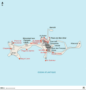 Carte de l'île de Sein et emplacements de plusieurs bons sites pour observer les oiseaux